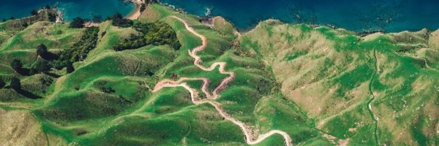 Aerial image of winding trail through mountainous terrain - eczema healing testimonial