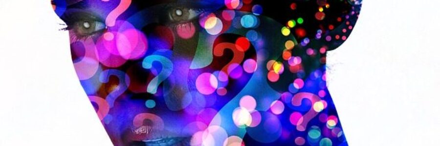 Abstract photo collage of woman with colorful question marks - skin product evaluation